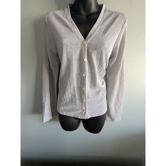 Button Front Sweater Silver Bling S Vneck Shimmer Glittercore Light Academia Pre - Picture 2 of 6